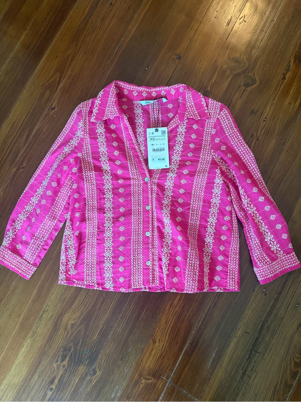 Bright Pink Embroidered Button-Up Shirt